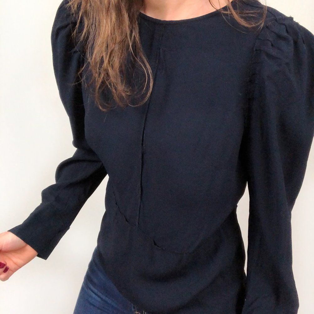Lewit Crepe Navy Blue Raw Seam Gathered Sleeve Top